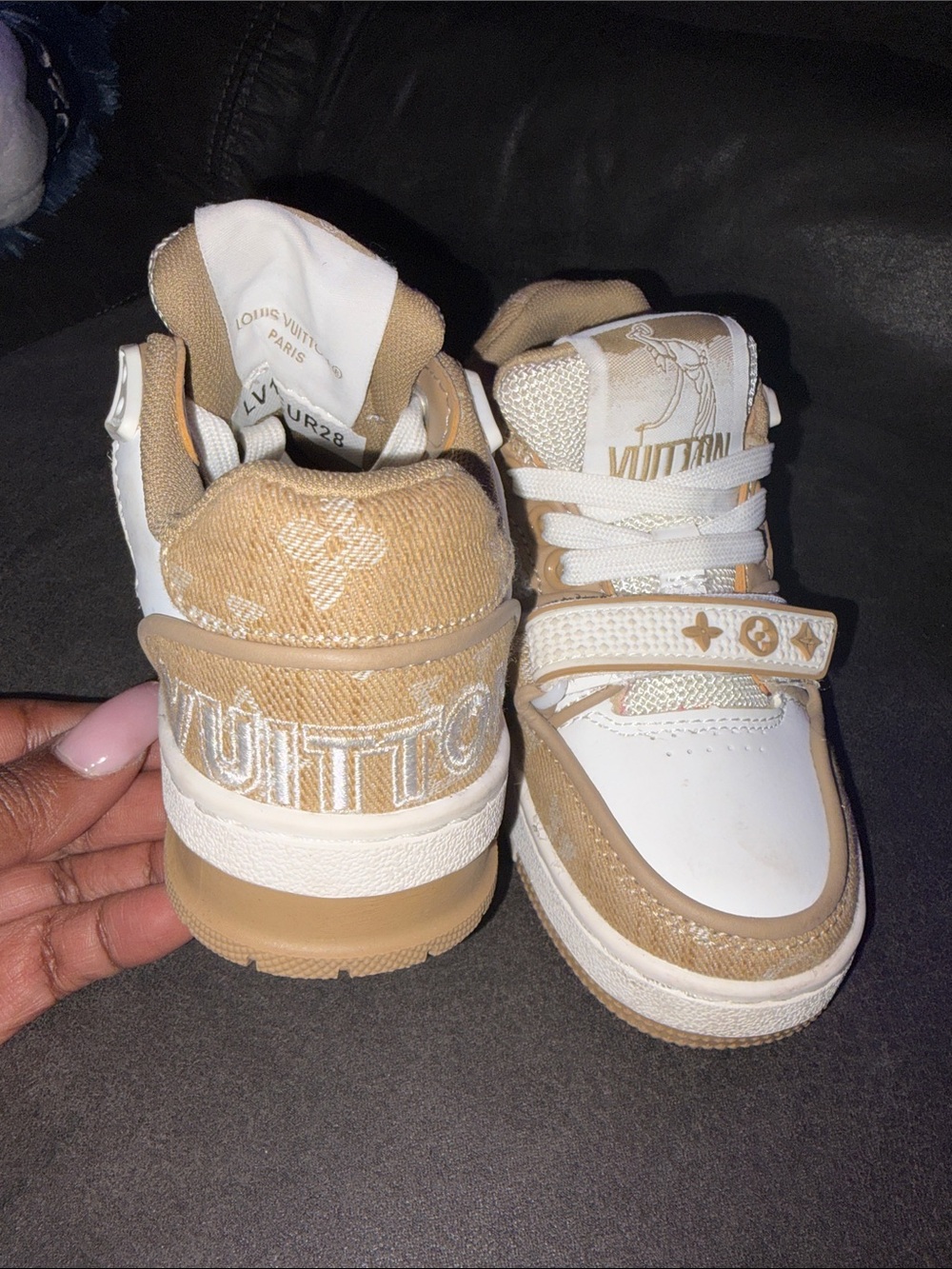 Louis Vuitton Kids Tan and White High-Top Sneakers